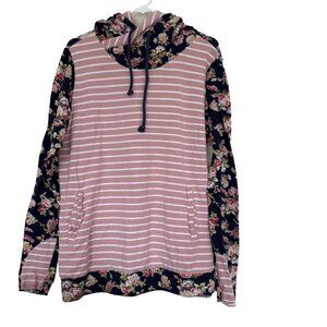 Hazel Blues Stripe Floral Hoodie Sz L Cowl Neck Kangaroo Pocket Cottagecore Boho